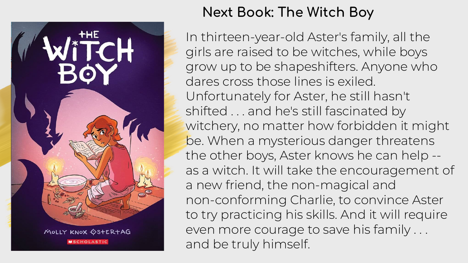 Session slide: next book reveal, The Witch Boy
