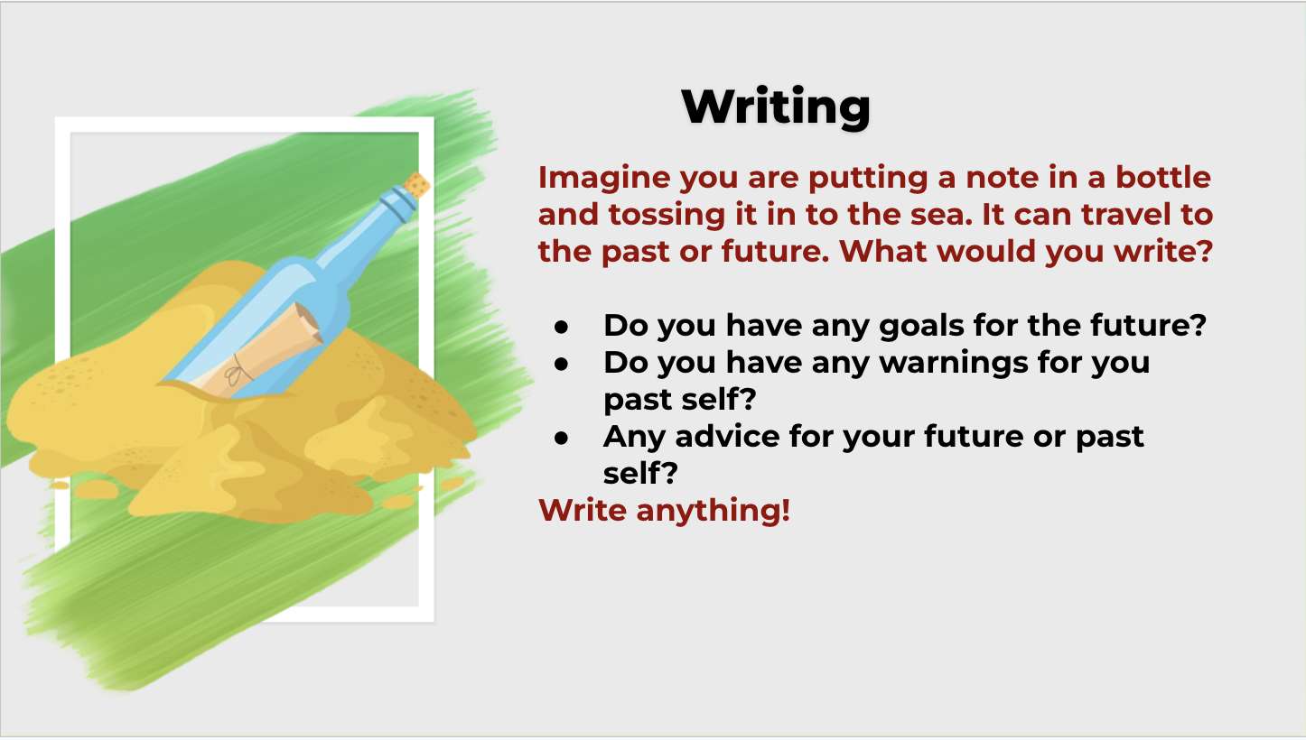 Session slide: message in a bottle writing activity